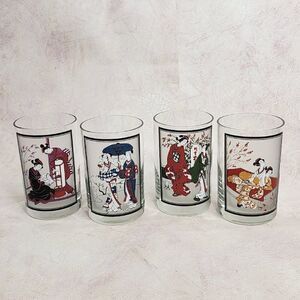 4 - MC Cora 4.75" T Handpainted Asian Barware Fashioned Glasses Tumblers Signed.